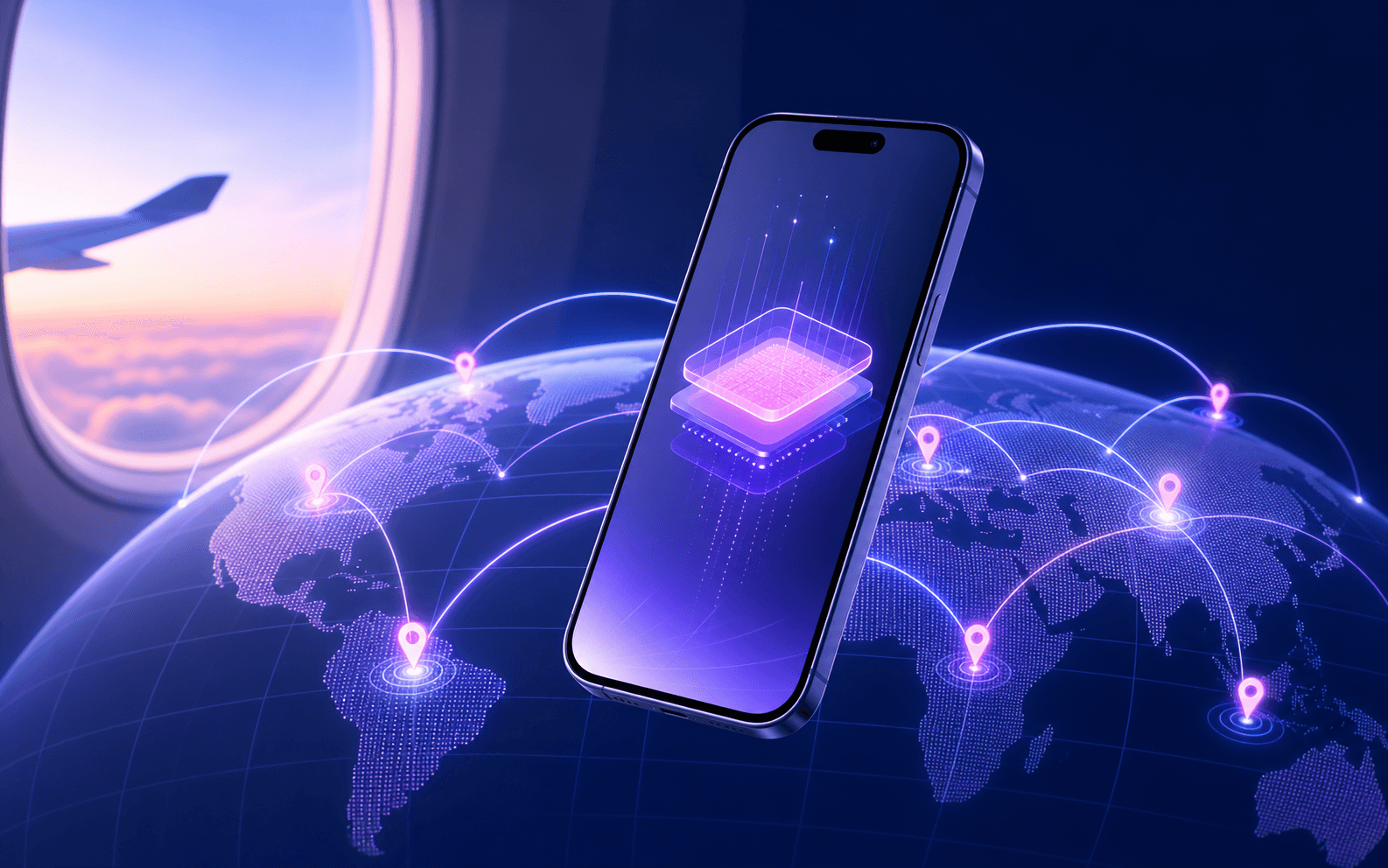 Smartphone dengan jaringan global dan titik koneksi internasional