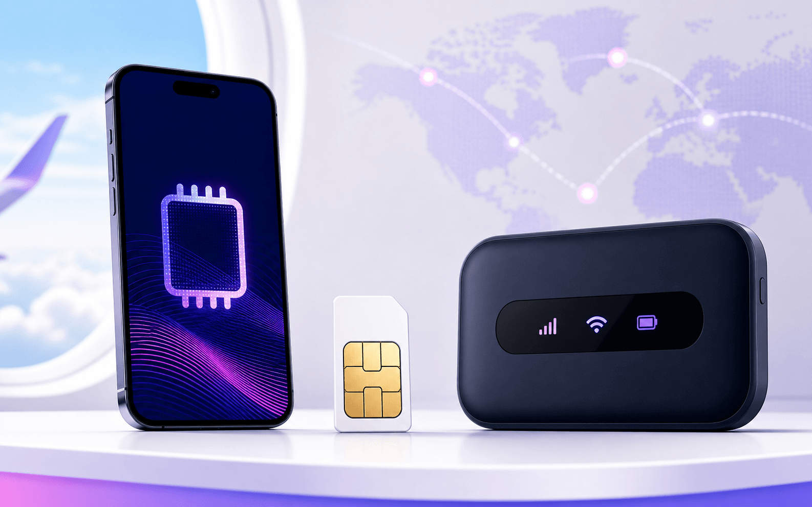 Smartphone eSIM, kartu SIM fisik, dan perangkat Pocket WiFi